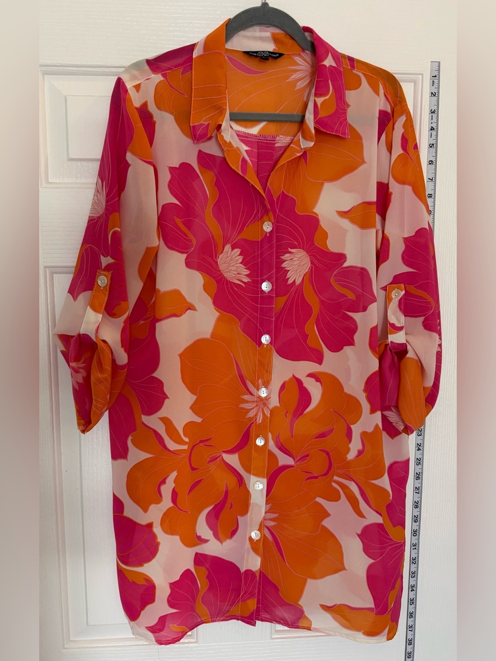 Bright Pink & Orange Floral Button-Up semi-Sheer Blouse